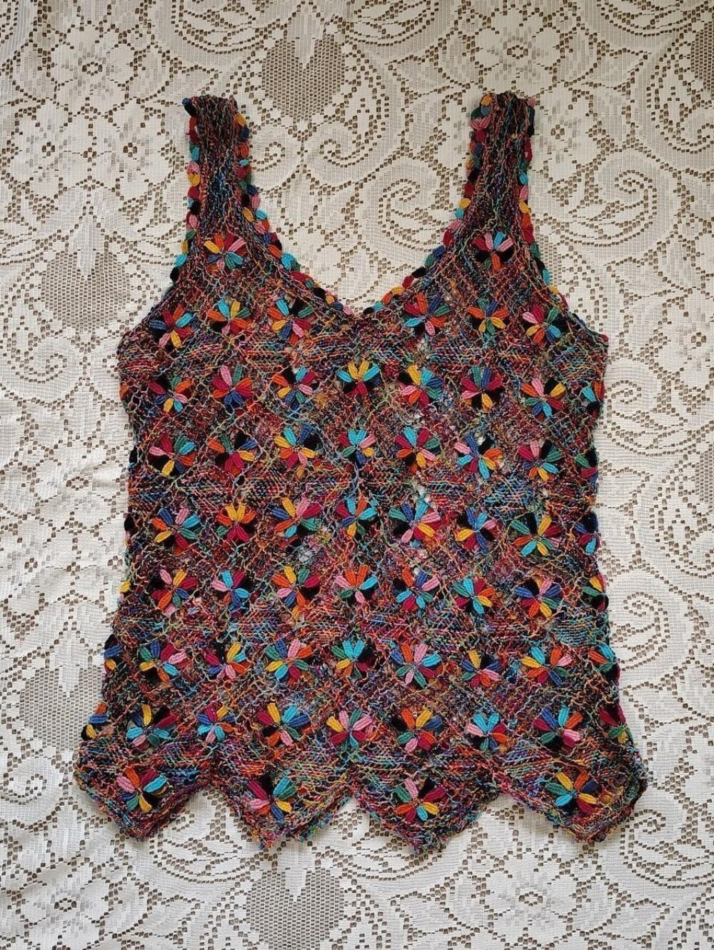 Multi-colored floral crochet tank top